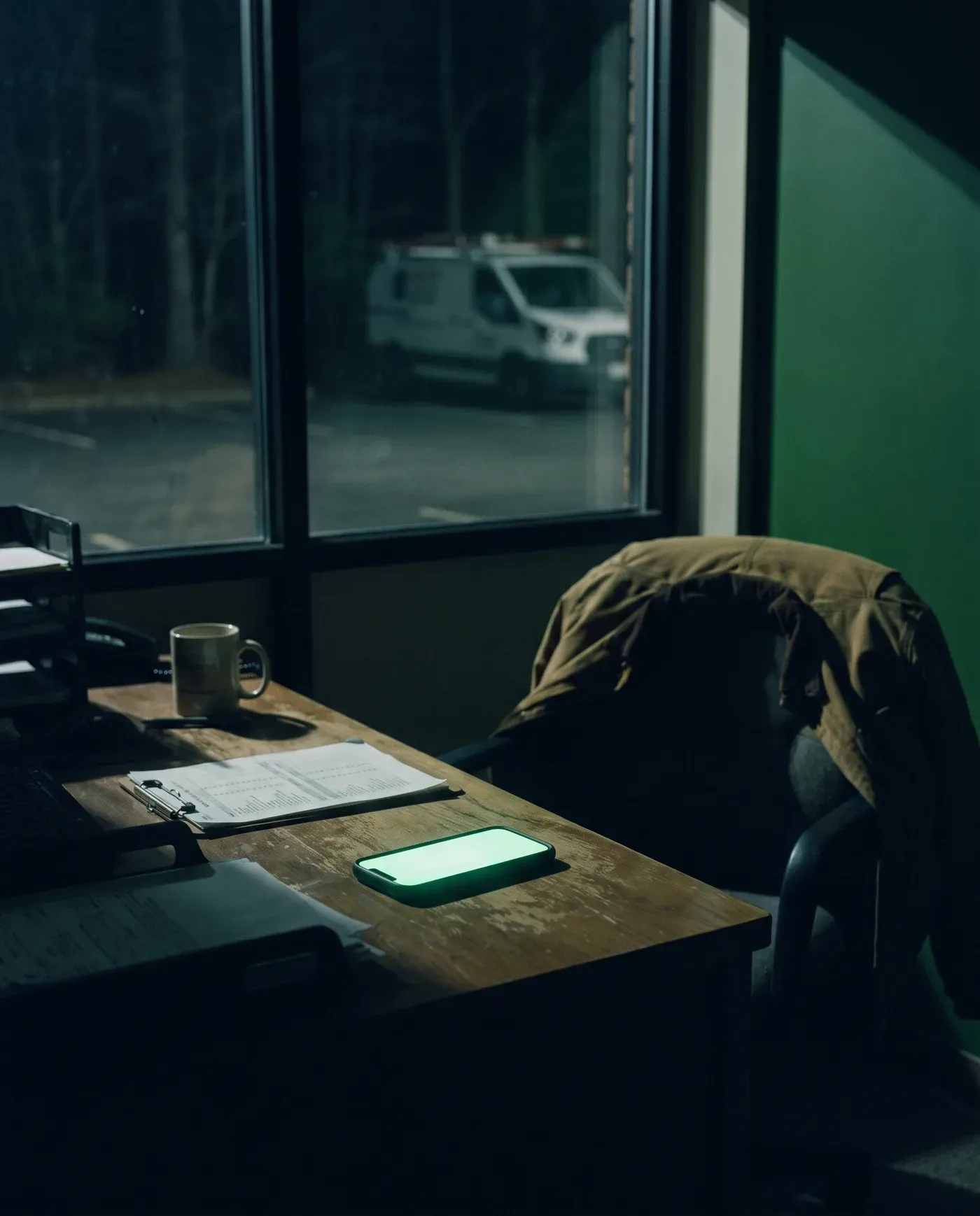 A dark office at night.