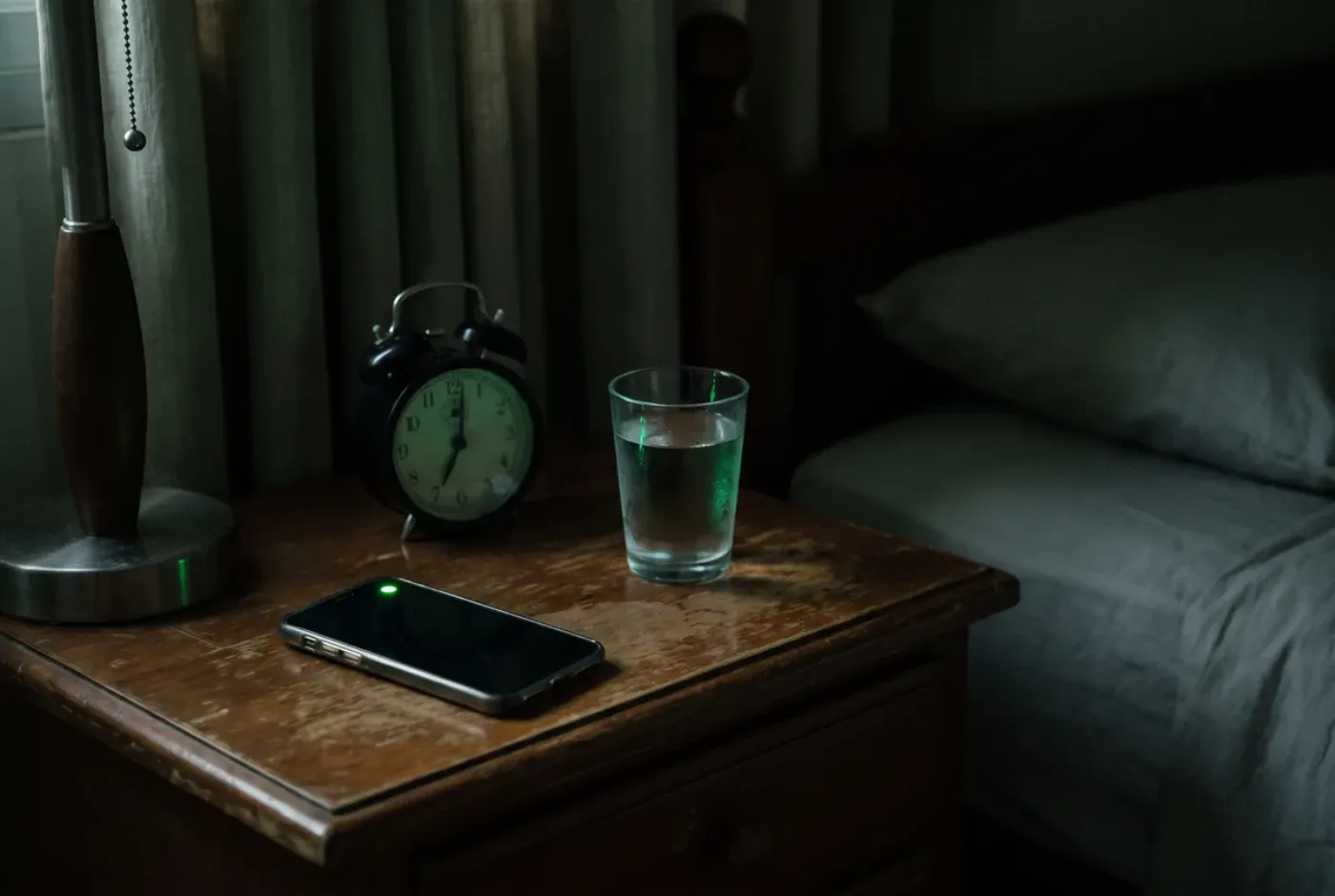 A phone lighting up on a nightstand at night.