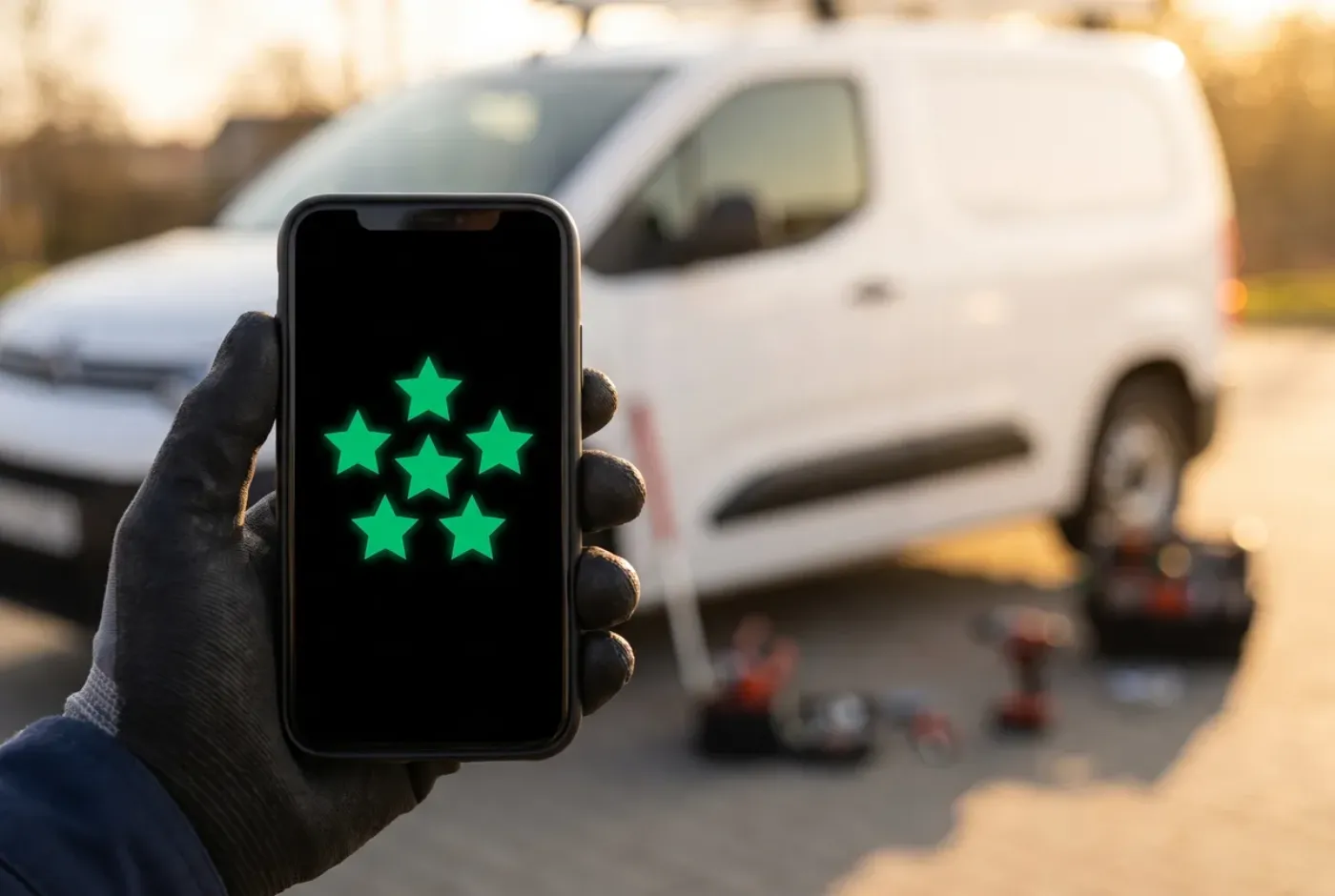 A tech holding a phone showing five stars, the work van behind.